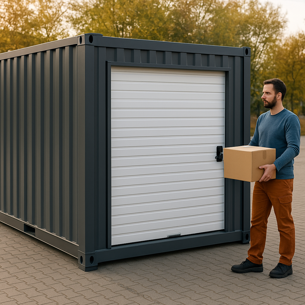 Self Storage Poznań – mężczyzna przenosi karton do zamykanego kontenera magazynowego